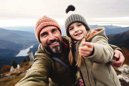 shot of a little girl taking selfies with her father on the mountainsの素材
