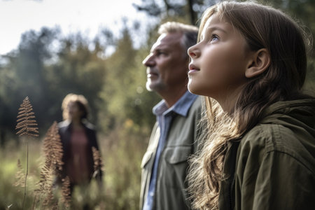 shot of a young girl looking at nature with her parents in the backgroundの素材