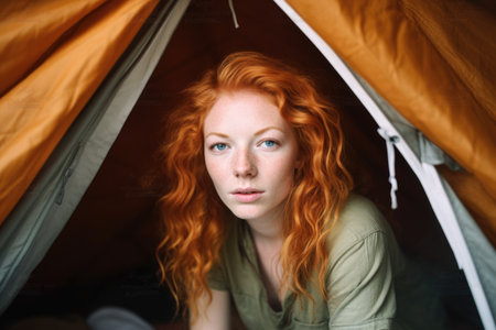 portrait of a young woman sitting inside a tentの素材