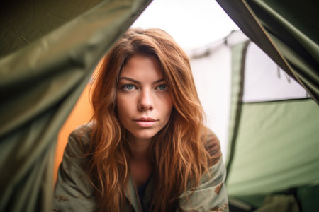 portrait of a young woman sitting inside a tentの素材