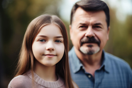 cropped shot of a young girl and her father standing outdoorsの素材