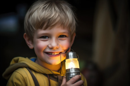 portrait of a young boy smiling and holding up his camping lampの素材