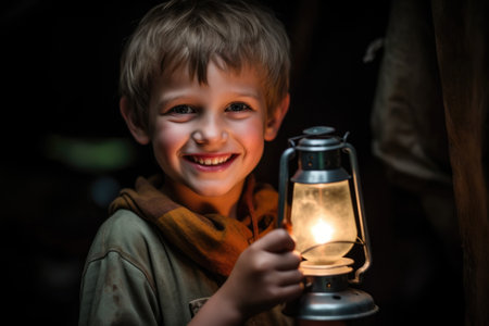 portrait of a young boy smiling and holding up his camping lampの素材