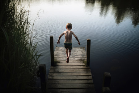 shot of a young boy about to jump into the lakeの素材