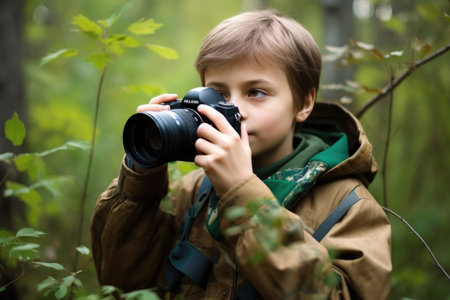 shot of a young boy taking a photo with his digital camera outdoorsの素材