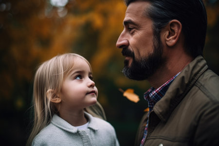 shot of a little girl and her father standing outsideの素材