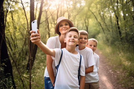 shot of a young brother and sister taking selfies with their mother on nature trailの素材