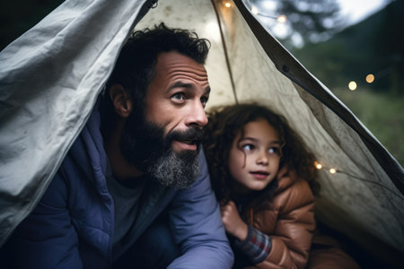 shot of a father and his two young daughters enjoying an outdoor camping experienceの素材