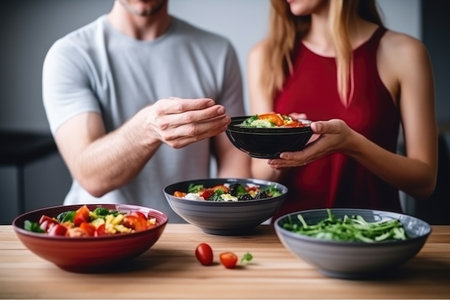 cropped shot of a man and woman choosing different salad bowlsの素材