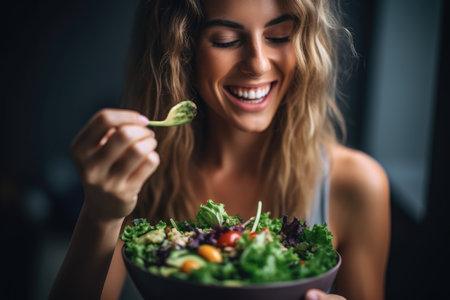 cropped shot of a young woman enjoying some saladの素材