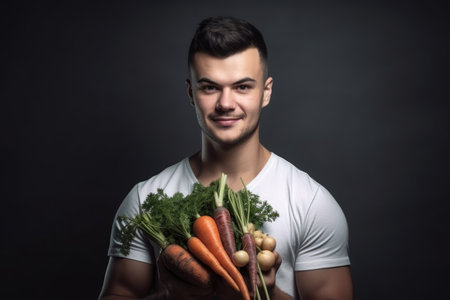 portrait of a young man holding a bunch of healthy vegetablesの素材