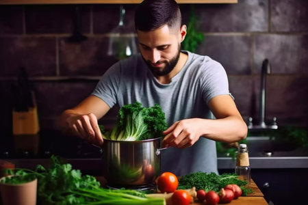 shot of a young man making vegetable soup with kaleの素材