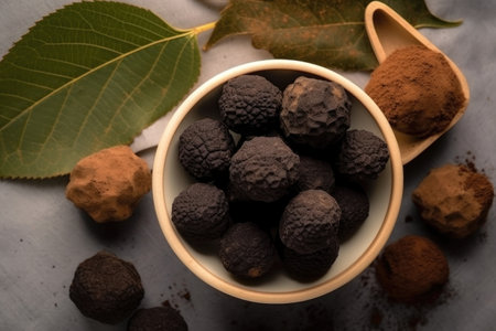 high angle shot of a bowl of truffles on a tableの素材