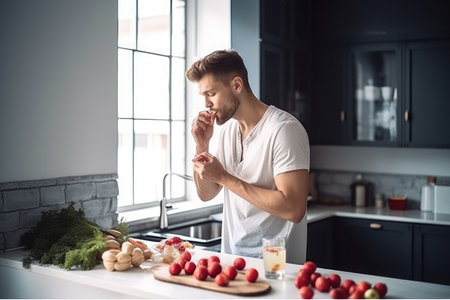shot of a young man eating raspberries while standing in his kitchenの素材