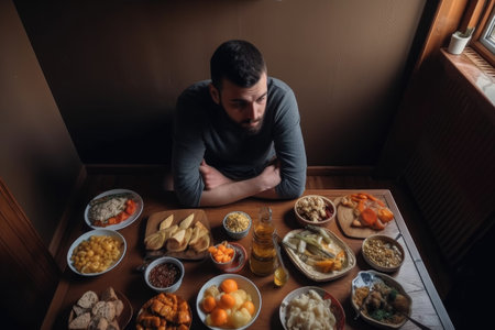 high angle shot of a man sitting alone at home with foodの素材