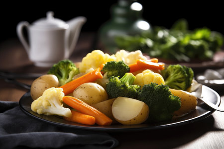 shot of a generous helping of steamed vegetables on a plateの素材