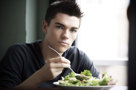 portrait of a young man eating saladの素材