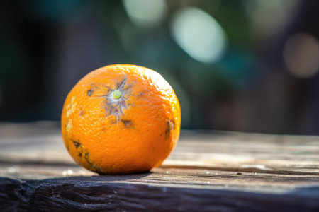 closeup of an orange on a wooden boardの素材