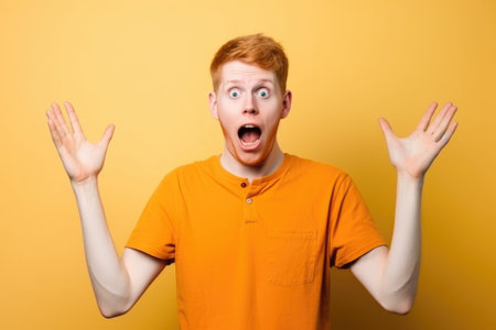 portrait of a surprised young man with his hands raisedの素材
