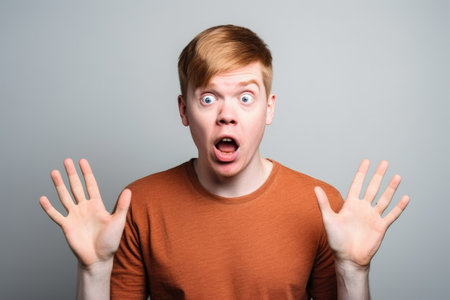 portrait of a surprised young man with his hands raisedの素材