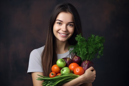 portrait of a happy young woman holding a bunch of veggiesの素材