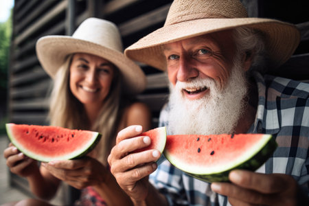 cropped shot of a man and woman eating watermelonの素材