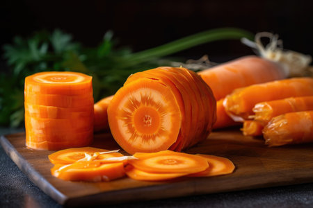 closeup of peeled and sliced fresh carrotsの素材