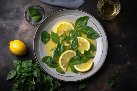 overhead shot of a healthy macro diet on a plate with lemon juice and mint leavesの素材
