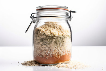 overhead studio shot of a glass jar filled with dry ingredients against a white backgroundの素材