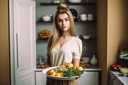 full length portrait of an attractive young woman standing with a plate of food in the kitchenの素材