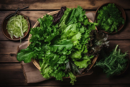 overhead shot of a fresh green salad on wooden tableの素材