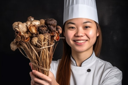 closeup of a young female chef holding a bunch of shiitake mushrooms and an asian style noodleの素材