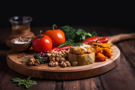 closeup of a plate of vegan food with wooden board in studioの素材