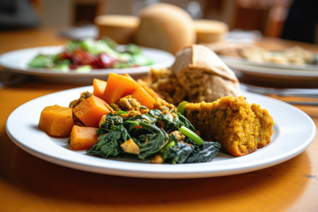 over the shoulder shot of a vegan meal on a plateの素材