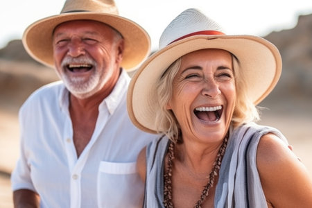 senior woman and man friends laughing during travel adventure, holiday or vacationの素材
