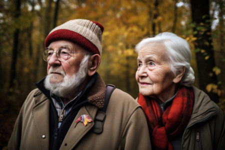 portrait of an elderly couple taking a walk in the woodsの素材