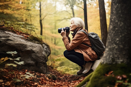 shot of a senior woman taking a photograph at a scenic spot in the forestの素材