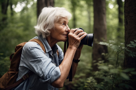 shot of a senior woman taking pictures with her camera in the forestの素材