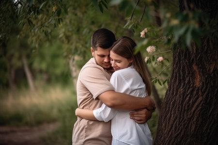 love, hug and couple at a park for romance, bonding or quality time together in natureの素材