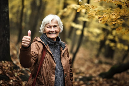 shot of a senior woman in the forest showing thumbs upの素材