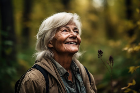 shot of a senior woman enjoying a day out in the forestの素材