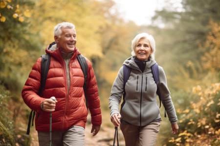 senior woman and man hiking outdoors in nature while bonding with friendsの素材