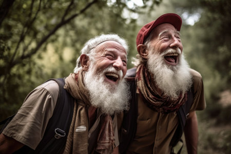 shot of two senior friends having fun in the forest togetherの素材