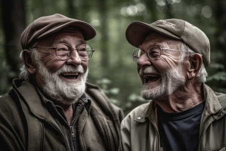 shot of two senior friends having fun in the forest togetherの素材