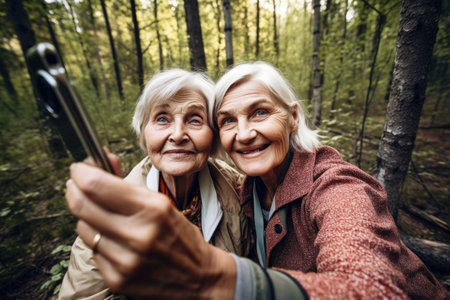 shot of a senior woman taking selfies with her friend in the forestの素材