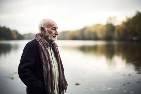 shot of a senior man standing by the water at a lakeの素材