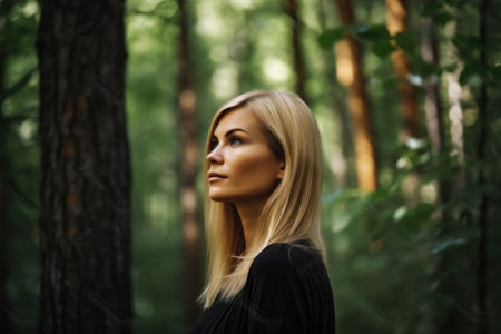 shot of an attractive woman standing in a forestの素材