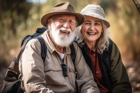 nature, smile and senior couple in a park for bonding and retirement travel of their lives togetherの素材