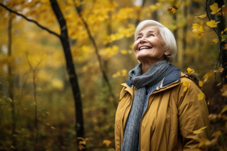 one happy senior woman standing in the forestの素材