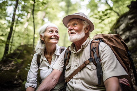 portrait of a senior couple taking a break while hiking through the forestの素材